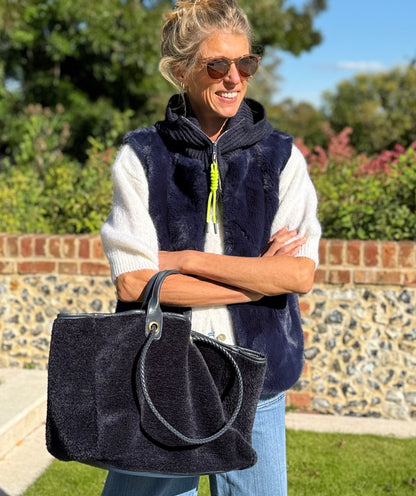 Reversible Navy and Chocolate Teddy Bag