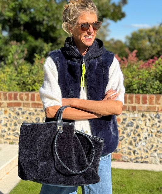 Reversible Navy and Chocolate Teddy Bag